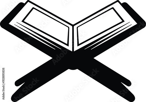 Minimalist black open holy quran on rehal wooden stand silhouette vector icon