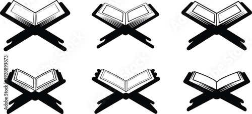 Set of Minimalist black open holy quran on rehal wooden stand silhouette vector icon
