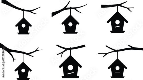 Minimalist black birdhouse hanging from a tree branch silhouette vector icon
