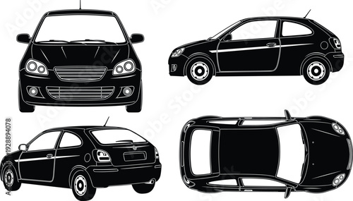 Vector illustration of black sedan car, front side rear and top views, detailed wheels grille headlights, automotive design artwork