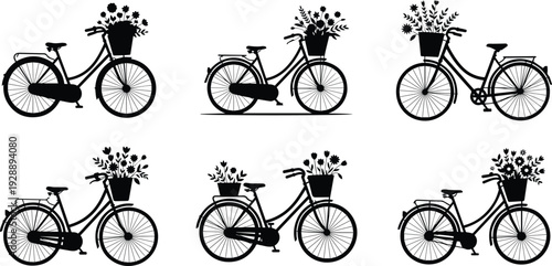 Set of Minimalist black bicycle with flower basket silhouette vector icon