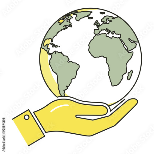 Hand holding a globe with continents and oceans visible from space icon