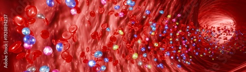 Slika na platnu Colorful vitamin molecules and erythrocytes, microscopic bloodstream view of nut