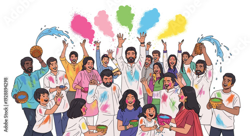 Diverse Crowd Joyfully Celebrating Holi Gulal