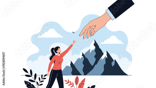 Giant hand reaching down from the sky to help a woman hiker in a vast mountain landscape to symbolize support and aid.