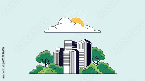 Modern city skyline with skyscrapers surrounded by green trees under a bright sun and clouds for urban environment.
