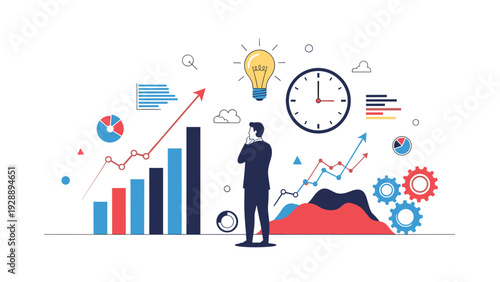 Businessman looking at a wall of business infographics and symbols to represent data analysis and strategic vision.