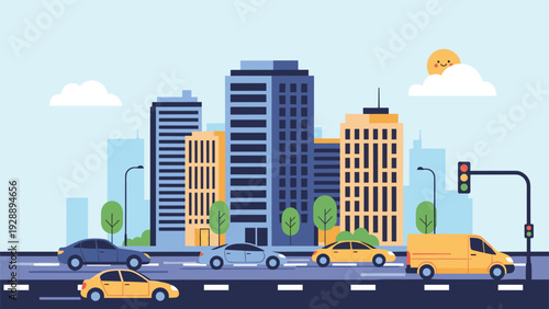 Colorful cartoon city street scene with skyscrapers, traffic lights, and various vehicles under a smiling sun icon.