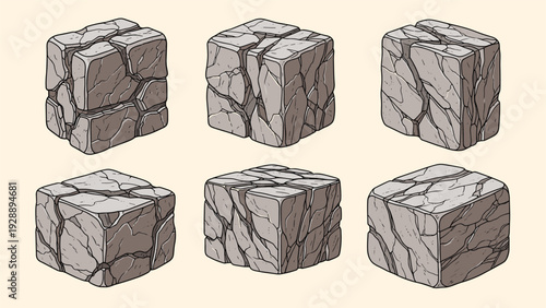 Collection of six cracked gray stone blocks in isometric view designed for video game environments and assets.