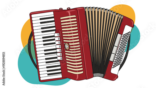 Detailed illustration of a red piano accordion with black straps set against a background of colorful abstract circles.