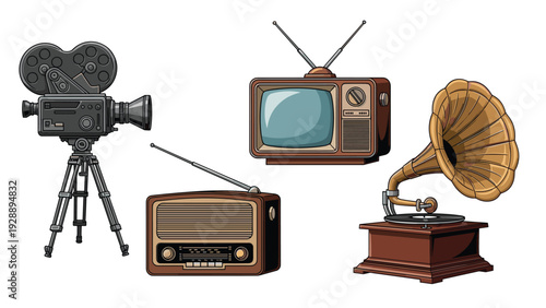 Collection of vintage electronic media devices including a film camera, television, radio, and gramophone player.