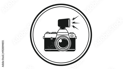 Simple black and white line art icon of a classic camera with a flash light enclosed in a circular border design.