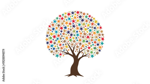 Vibrant tree illustration with a brown trunk and foliage composed entirely of multi colored stars of various sizes.