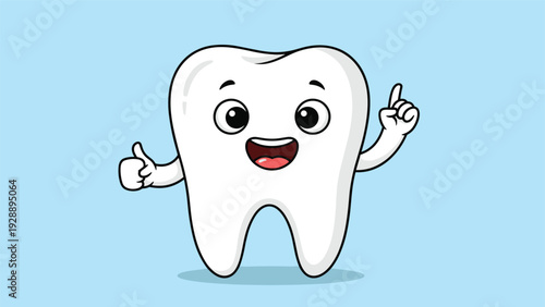 Friendly cartoon tooth character smiling and giving a thumbs up gesture to encourage good oral health and hygiene.