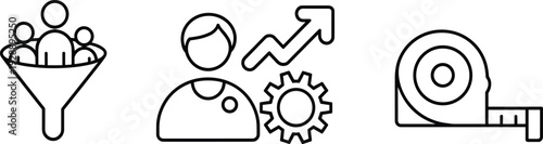 Sales funnel icon set with customer group, person with rising arrow and tape measure for business