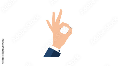 Close up of a hand wearing a business suit sleeve making an okay gesture with fingers to represent approval or success.