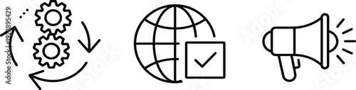 Global marketing icon set with megaphone, rotating gears for workflow and world grid with check mark