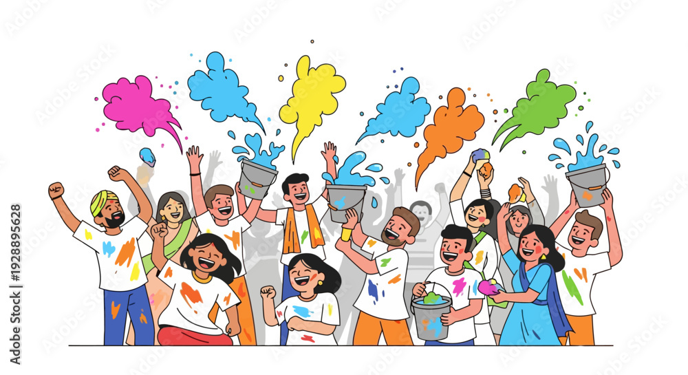 Fototapeta premium Joyful Crowd Celebrates Holi Festival With Gulal