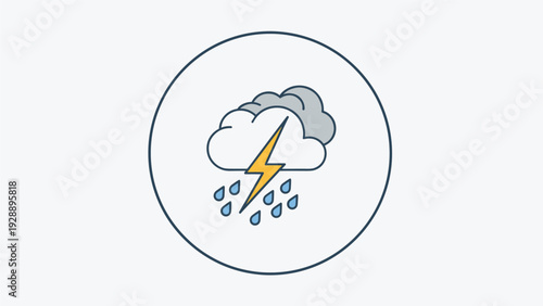 Weather icon showing a thunderstorm with dark clouds, blue raindrops, and a yellow lightning bolt for forecast reporting.