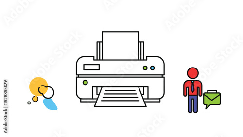 Modern office printer machine shown next to a businessman icon and colorful abstract design elements for professional printing.