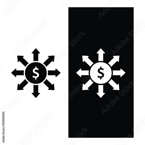 Two dollar sign icons with arrows pointing outwards in black and white icon