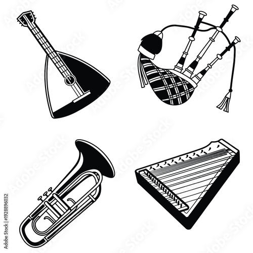 Ethnic Folk and Traditional String Instruments illustration drawing