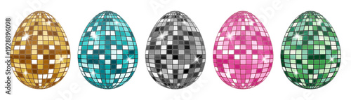 Set of disco mirror Easter eggs in gold, silver, pink, blue and green. Shiny mosaic party style decoration isolated on white. Trendy festive vector collection.