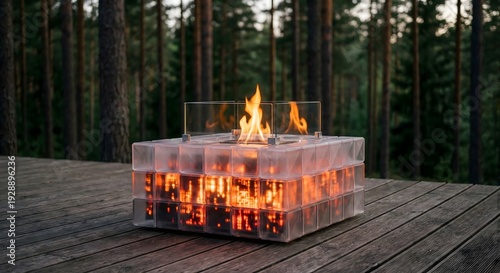 Tranquil luxury outdoor scene at night featuring a modern black portable fire pit with a glowing orange flame and glass shield on a wooden deck, with a beautifully lit pine tree in the background.