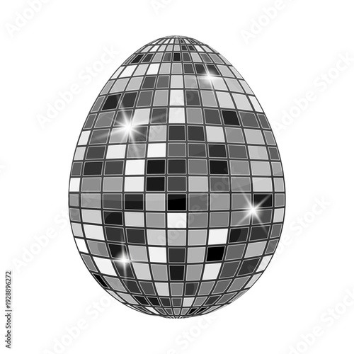 Silver disco mirror Easter egg with reflective mosaic surface and bright sparkles. Luxury festive decoration isolated on white background.