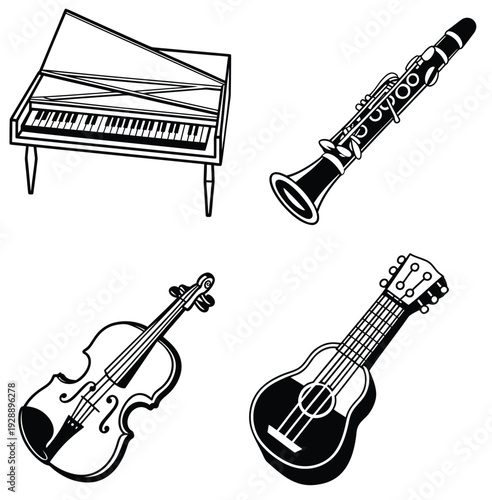 Classical Piano and String Instrument Quartet vector art black and white style