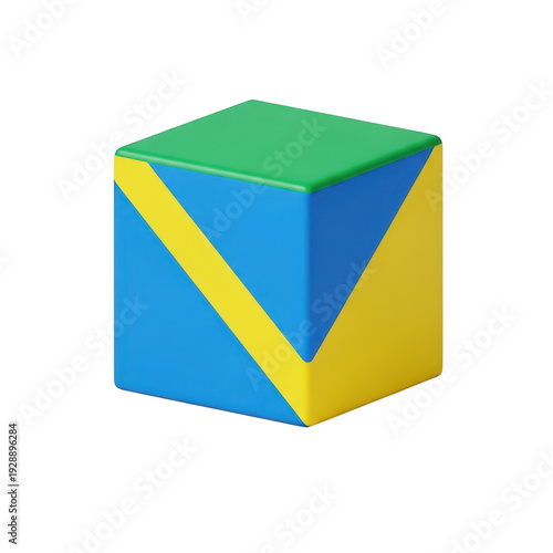 Colorful origami cube with blue, green, and yellow faces isolated on transparent background