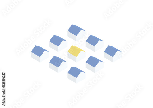 黄色い屋根の家が青い屋根の家に囲まれているアイソメトリックイラスト