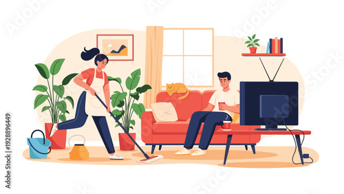 Woman cleaning the floor with a mop in the living room while a man sits on the sofa and watches television during their chores.