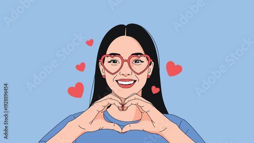 Joyful woman wearing heart-shaped glasses and making a heart symbol with her hands against a solid blue background with hearts.