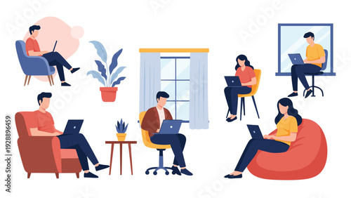 Variety of people working remotely on their laptops while sitting in different comfortable chairs and spots around the office.