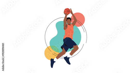 Athletic basketball player jumping high in the air to shoot a ball towards the hoop against an abstract colorful background.