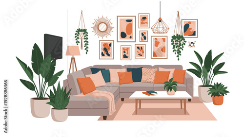 Elegant living room interior featuring a large sectional sofa with many decorative pillows and a collection of framed wall art.