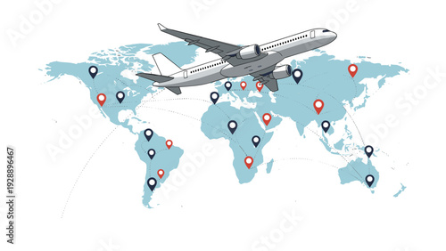 Commercial airplane flying over a stylized world map with red and blue location pins representing global travel and logistics.