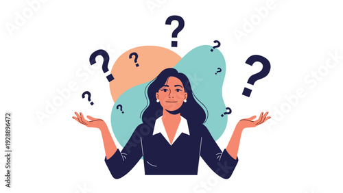 Confused businesswoman looking upwards with several large question marks around her head as she tries to make a difficult decision.