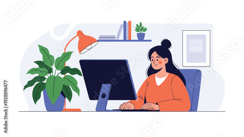 Young woman sitting at her desk and typing on a computer keyboard while working on a project in a bright and tidy home office.