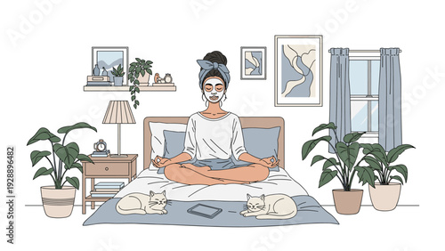 Woman meditating in a lotus pose on her bed with a facial mask while surrounded by green plants and her two sleeping cats.