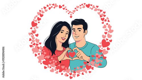 Young happy couple making a heart shape with their hands while smiling together inside a large decorative heart frame.