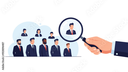 Human resources concept showing a magnifying glass searching for the right candidate among a group of diverse job seekers.