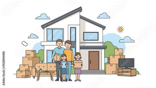 Happy family with two children standing in front of their new modern two-story house with cardboard boxes and furniture outside.