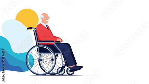 Elderly senior man with white hair wearing glasses and a red sweater sitting calmly in a wheelchair against a blue background.