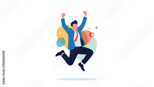 Enthusiastic businessman in a suit and red tie jumping high in the air with arms raised in celebration of a great achievement.
