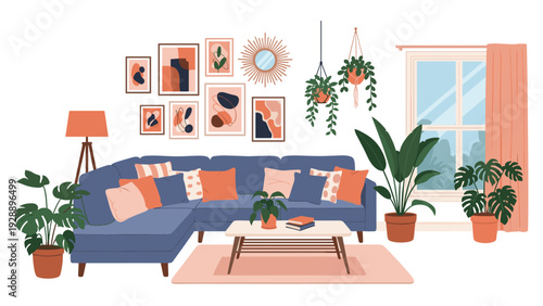 Interior design of a cozy and modern living room featuring a blue sectional sofa decorated with orange and pink pillows and plants.