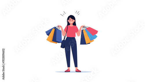 Happy young woman standing and holding many colorful shopping bags in both hands after a successful shopping trip.