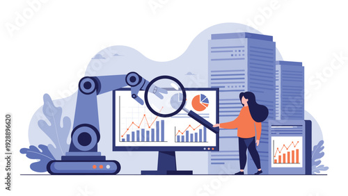 Futuristic industrial concept showing a robotic arm and a person analyzing complex charts and data on a large monitor.