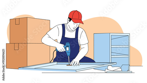 Professional handyman wearing overalls and a cap using a power drill to assemble furniture in a workshop or customer home.